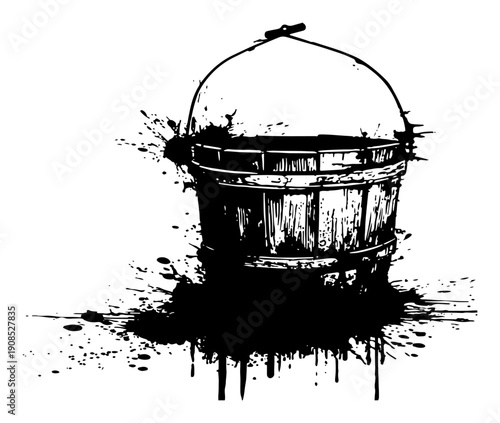 Old wooden bucket with black ink splatter and grunge texture vector
