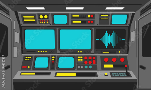 Detailed storm truck comm center dashboard illustration. Vibrant displays and controls showcase futuristic technology. Perfect for sci-fi, tech, and design projects.