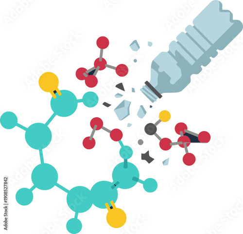 Enzyme breaks down plastic. Scientific illustration depicts molecular decomposition with vibrant colors and data points. Modern, informative design.