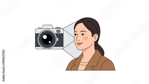 Illustration of a young woman with brown hair looking at a digital camera with lines extending from the lens to her face against a white background.