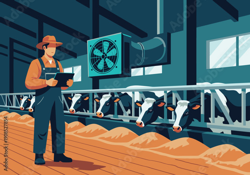 A farmer monitors a ventilation system in a dairy barn, using a tablet. Cows graze in the background. Modern farm technology illustration.
