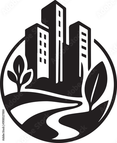 Green city logo vector for ecofriendly urban development, sustainable architecture and environment branding.