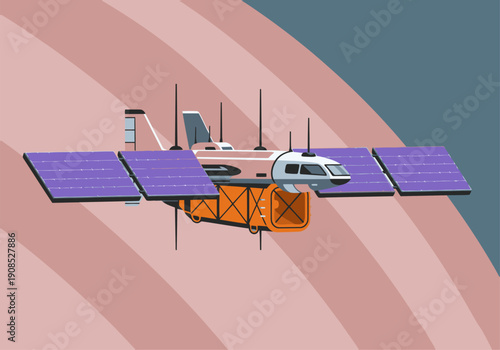 A futuristic hybrid cargo satellite technology illustration. Sleek design with solar panels and a cargo bay. Modern, clean, and visually striking.