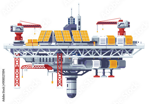 A futuristic logistics platform floats in space, equipped with solar panels and cranes. Detailed illustration showcasing space shipping technology. Modern, vibrant, and visually striking.