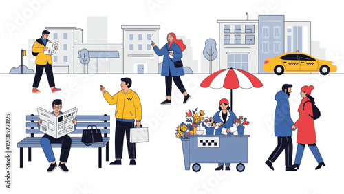 Illustration of people walking and sitting in a city scene with a food cart and buildings in the background with a flat color style.