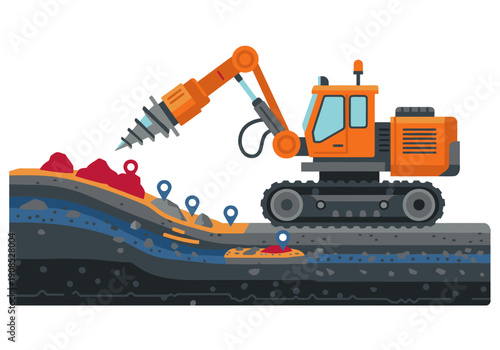 A mining robot excavates a geological map, showcasing a modern mining operation. Bold orange and gray tones highlight the industrial scene.