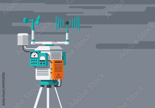 Modern auto weather station research illustration. Detailed equipment on a gray background. Clean, flat design. Ideal for weather, science, and technology visuals.