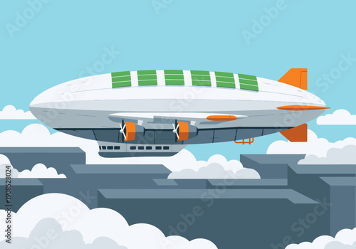 A modern atmospheric cargo ship gracefully moves through the sky, showcasing innovative transport technology. Clean lines and a bright color palette create a visually appealing and professional image.