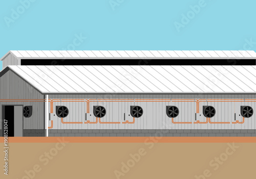 Modern livestock vent facility illustration. Clean, industrial design with ventilation fans and piping. Suitable for commercial use and informational graphics.