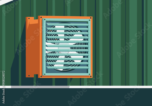 Illustration of a poultry farm exhaust fan mounted on a green wall. Clean, modern design with orange accents. Suitable for commercial use.