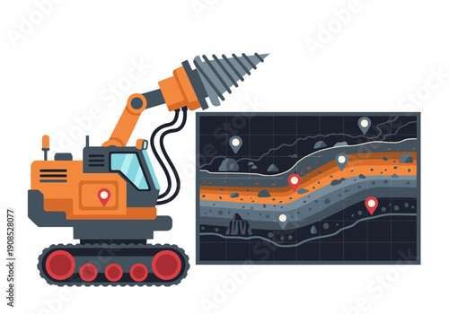 A robotic mining excavator explores a geological map, showcasing precision and resource extraction. Modern, detailed illustration for business and technology themes.