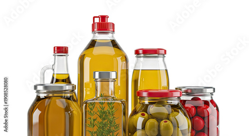 Assortment of cooking oils and pickled items in glass containers