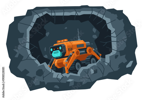 Canvas-taulu A rescue robot navigates a dark tunnel, spotlighting a dramatic find