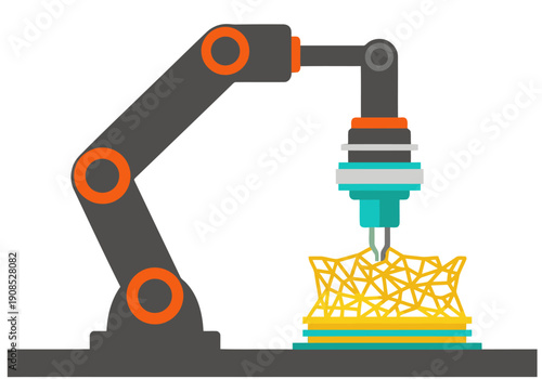 A robotic arm precisely 3D prints a complex bio-scaffold structure. Modern, industrial aesthetic. Ideal for technology, science, and innovation visuals.