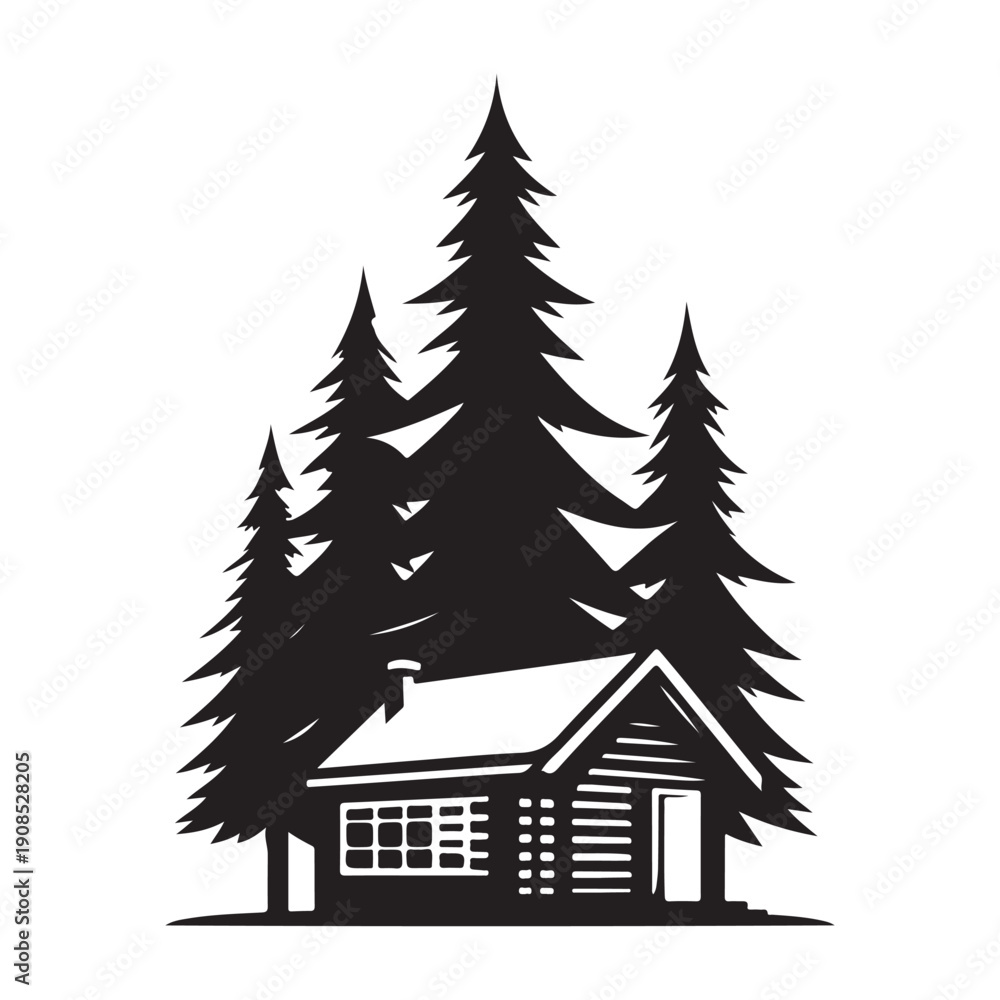 Obraz premium cabin and pine tree vector silhouette clip art logo design illustration. abstract cabin pine tree icon collection