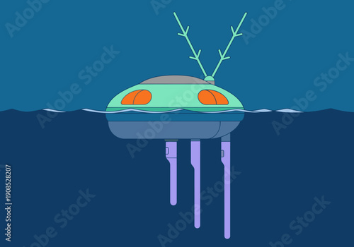 A stylized marine station floats beneath the ocean, featuring antennae and a modern design. It?s a vibrant, illustrative depiction of underwater research.