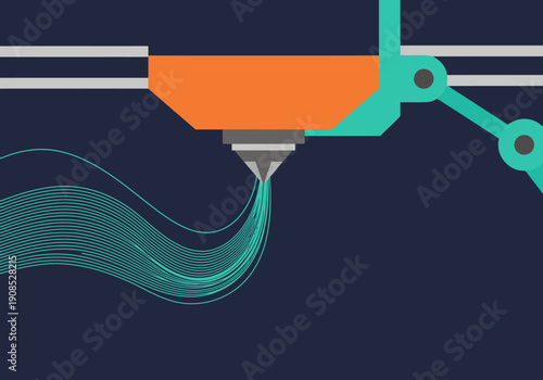 A stylized illustration showcases a silk print technology machine depositing vibrant lines. Modern, graphic design with teal, orange, and dark blue tones. Perfect for tech or design concepts.