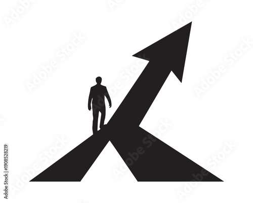 Silhouette of Person Walking on Arrow Path Leading Upwards on White Background