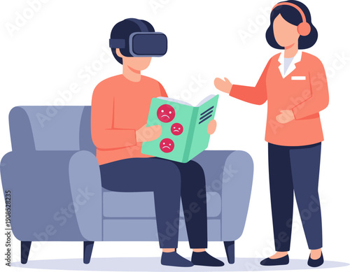 A therapist guides a patient through VR therapy, using a book and headset.  A supportive and modern scene depicting mental wellness and technology.