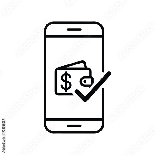 A smartphone displaying a digital wallet with a dollar sign and a checkmark, symbolizing successful mobile payments and secure financial transactions.