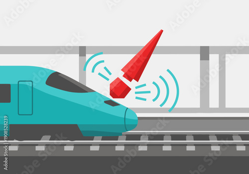 Train Aero Drag Nose illustration depicts a train impacting a cone with sound waves. Modern, graphic style. Ideal for technology, transportation, and design concepts.