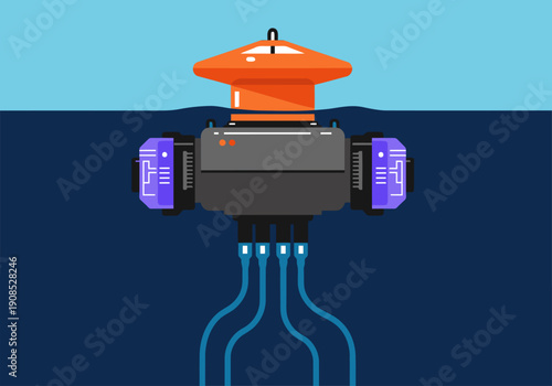 An underwater communication buoy transmits data via cables. Modern tech design, vibrant colors, and a clear underwater setting. Ideal for technology and marine science visuals.