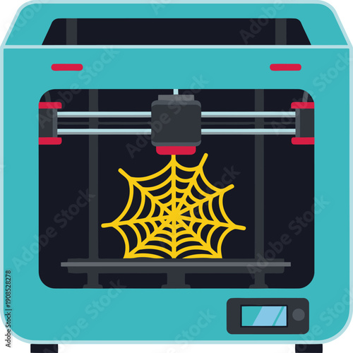A vibrant 3D printer creates a detailed spiderweb design. Modern, clean design with organic textures. Ideal for tech, innovation, and creative concepts.