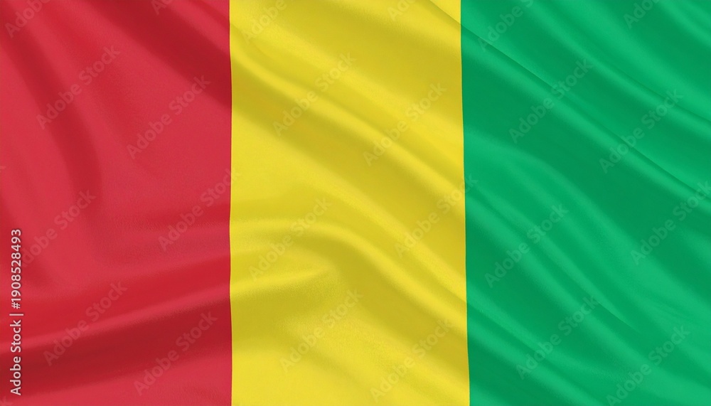 Obraz premium Guinea national flag with vertical stripes of red, yellow, and green, fabric texture, symbol of independence, national pride, vegetation, sun, and cultural identity.