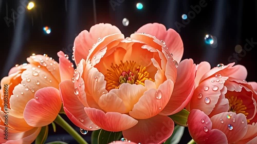 Closeup of pink peony flowers with water droplets on dark velvet background