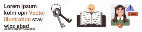 Cybersecurity, false information, education, fraud detection, digital awareness, online safety. A key and lock, an open book with a light bulb and a fake identity warning. Cybersecurity and false
