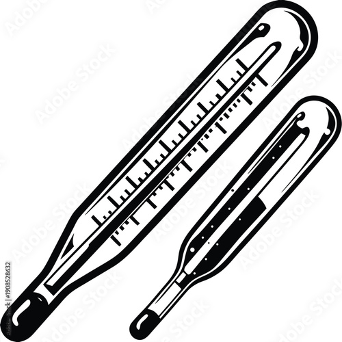 Two Black and White Thermometers with Scale Outlines for Medical Concepts, Isolated