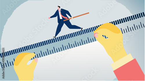 Businessman balancing on tightrope with measuring tape and umbrella