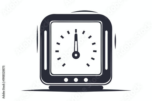 Square Alarm Clock Isolated, Time Symbol, Dark Silhouette on White Backdrop, Style Icon