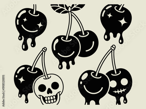 Cool dripping cherry icons with skulls and sparkles, black silhouette tattoo flash, vector art set