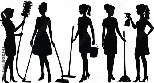 Elegant female silhouettes performing household cleaning tasks with feather duster, vacuum, mop, broom, and spray bottle in stylish uniform vector illustration