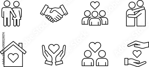 Love icons, care symbols, support hands, community connection, partnership, friendship, kindness, empathy, charity, giving heart, social values, compassion