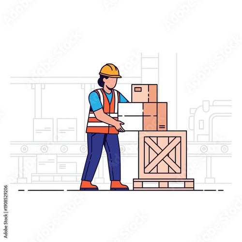 Warehouse worker stacking boxes on pallet, logistics and delivery concept