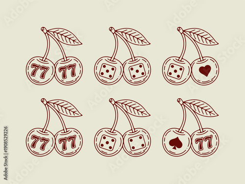 Retro cherry icons with lucky 7s, dice, hearts, and spades, tattoo flash style, line art on cream