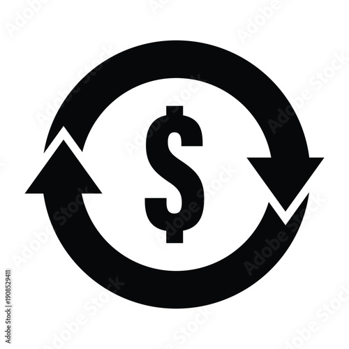 Minimalist black and white icon illustrating circular capital flow, ideal for representing reinvestment strategies, recurring payments, cash flow, and financial renewal.
