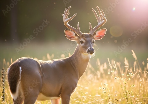 Mature male ungulate with prominent antlers stands alert in a sunlit grassy field at dawn or dusk