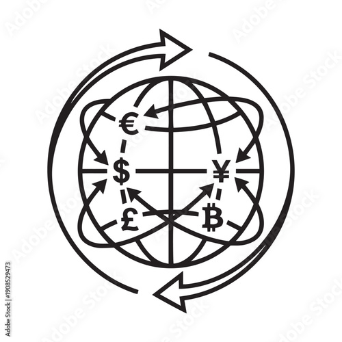 Minimalist black line icon of a globe featuring international currency symbols and circular arrows representing global finance, exchange, and cryptocurrency.