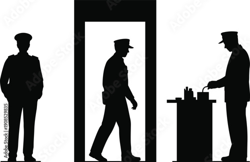 Security screening silhouette set with personnel, metal detector, and checkpoint table, vector art concept for airport, safety, and inspection projects