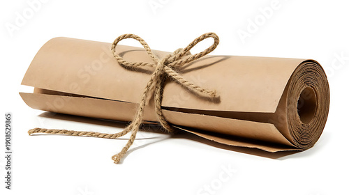 Rolled brown kraft paper scroll tied with jute twine bow, isolated on white