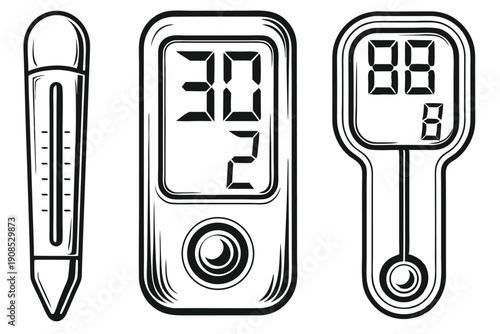Three Thermometers Mercury, Digital Display, High Reading Black Outline