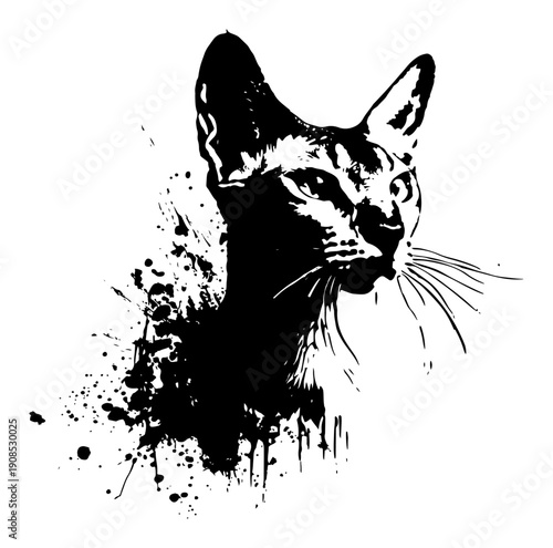 Hairless sphinx cat portrait in artistic black grunge ink style