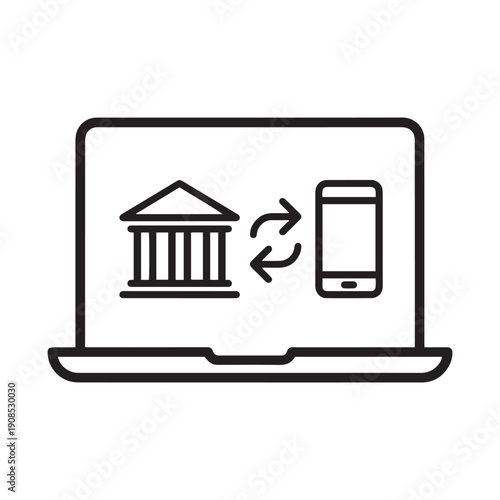 Professional outline icon featuring a laptop screen with a bank building and smartphone syncing to represent modern online mobile banking.
