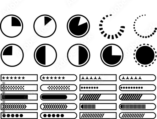 Collection of black and white interface loading and progress indicator icons