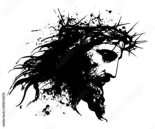 Jesus Christ portrait with crown of thorns in grunge ink style