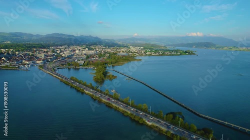 Aerial view of the old town city Rapperswil - Jona - scenic medieval castle in lake Zurich,  Switzerland travel and landmarks