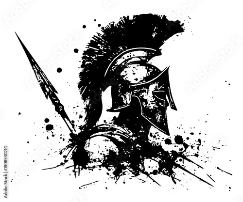 Profile of an ancient Spartan warrior wearing a helmet and holding a spear in ink style